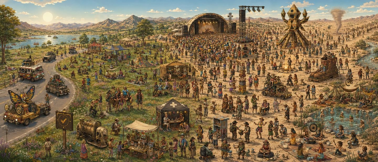 Illustrated bird's-eye festival panorama: camps, main stage, burning effigy, art cars, hot springs.